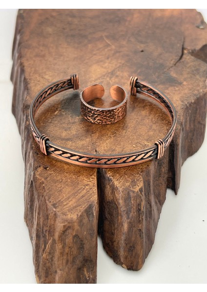 Ayarlanabilir %100 Saf Bakır Bileklik Bakır Yüzük Kombini El Yapımı Bileklik Yüzük