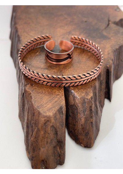 Ayarlanabilir %100 Saf Bakır Bileklik Bakır Yüzük Kombini El Yapımı Bileklik Yüzük