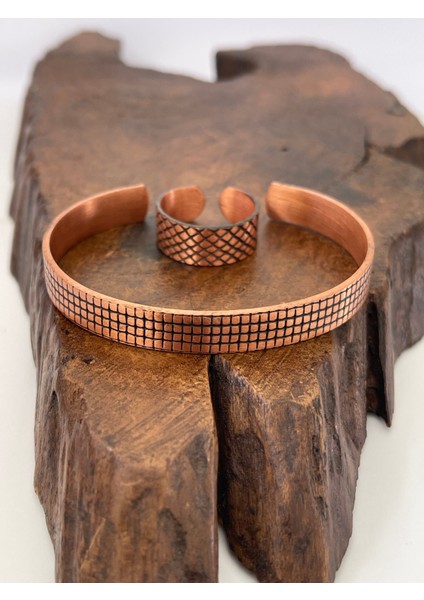 Ayarlanabilir %100 Saf Bakır Bileklik Bakır Yüzük Kombini El Yapımı Bileklik Yüzük