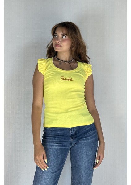 Kadın Bisiklet Yaka Barbie Baskılı Kolu Fırfırlı Bluz Tişört
