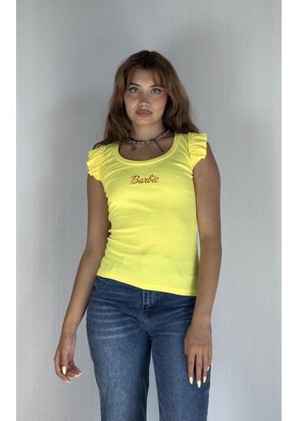 Kadın Bisiklet Yaka Barbie Baskılı Kolu Fırfırlı Bluz Tişört fiyatları