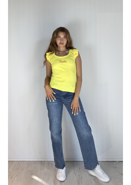 Kadın Bisiklet Yaka Barbie Baskılı Kolu Fırfırlı Bluz Tişört modelleri