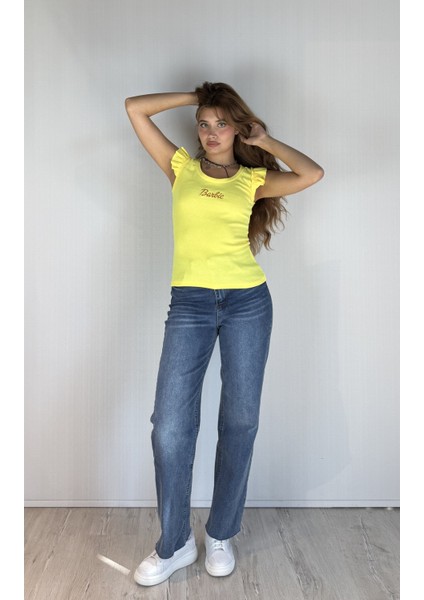 Kadın Bisiklet Yaka Barbie Baskılı Kolu Fırfırlı Bluz Tişört fırsatları