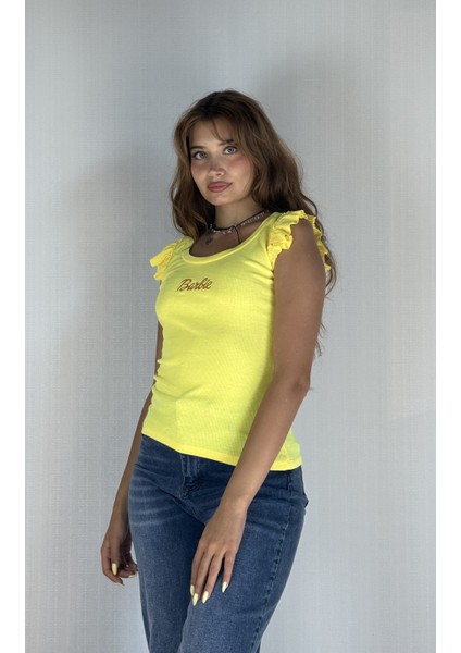 Kadın Bisiklet Yaka Barbie Baskılı Kolu Fırfırlı Bluz Tişört indirimleri