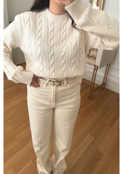 Saç Örgü Detaylı Tasarım Kazak- Ekru fırsatları