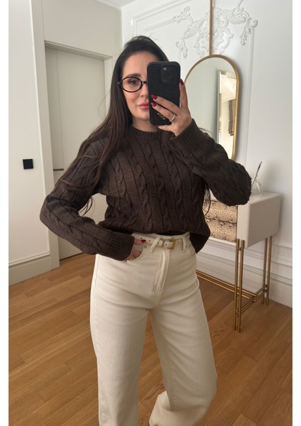 Saç Örgü Detaylı Tasarım Kazak- Kahverengi