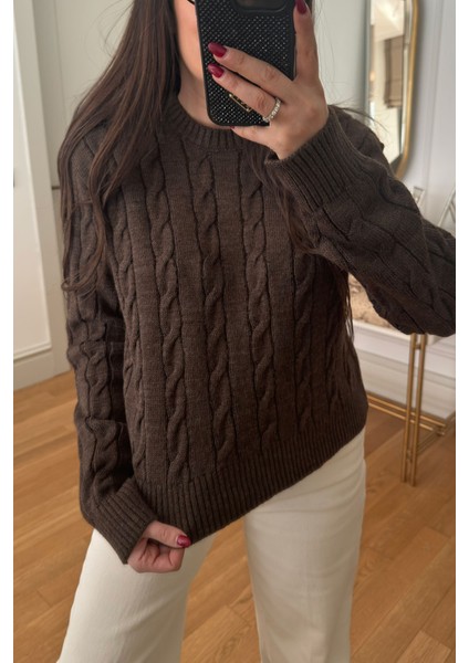 Saç Örgü Detaylı Tasarım Kazak- Kahverengi fiyatları