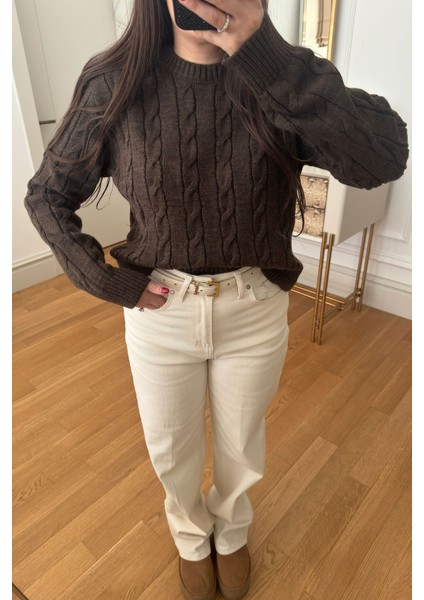 Saç Örgü Detaylı Tasarım Kazak- Kahverengi modelleri