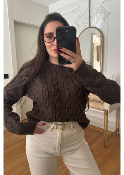 Saç Örgü Detaylı Tasarım Kazak- Kahverengi fırsatları