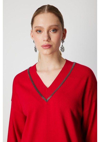 Kadın V Yaka Taşlı Triko Kazak 65311 Kırmızı fiyatları
