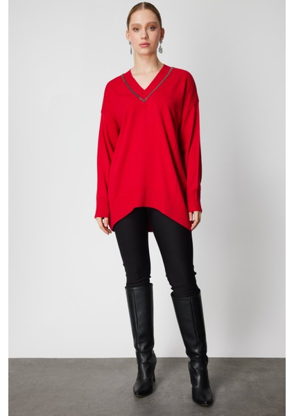 Kadın V Yaka Taşlı Triko Kazak 65311 Kırmızı modelleri