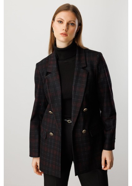 Kadın Büyük Beden Ekoseli Kapak Cepli Ceket 5539 Bordo