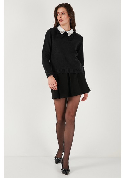 Premium Regular Fit Gömlek Yaka Yumuşak Dokulu Fiyonk Detaylı Taşlı Kazak Bayan Kazak 680KZ00035 fiyatları