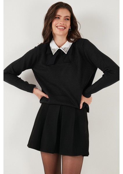 Premium Regular Fit Gömlek Yaka Yumuşak Dokulu Fiyonk Detaylı Taşlı Kazak Bayan Kazak 680KZ00035 fırsatları