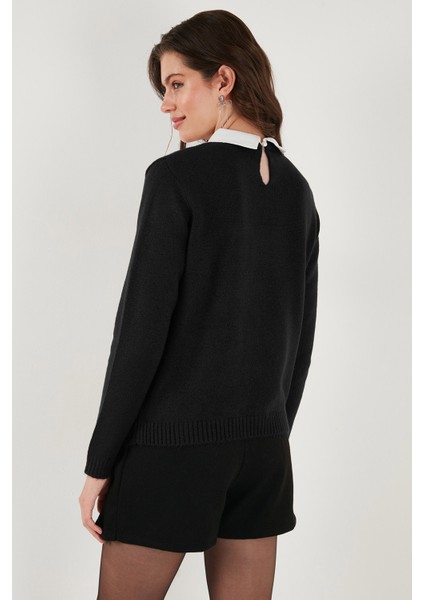 Premium Regular Fit Gömlek Yaka Yumuşak Dokulu Fiyonk Detaylı Taşlı Kazak Bayan Kazak 680KZ00035