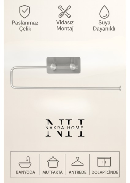 Paslanmaz Çelik Yapışkanlı Havlu Askılığı | Delmeden Montaj Neme Dayanıklı Havlu Peçete Askılığı