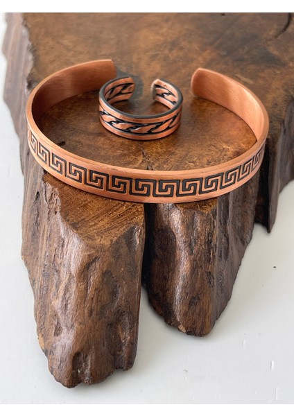 Ayarlanabilir %100 Saf Bakır Bileklik Bakır Yüzük Kombini El Yapımı Bileklik Yüzük