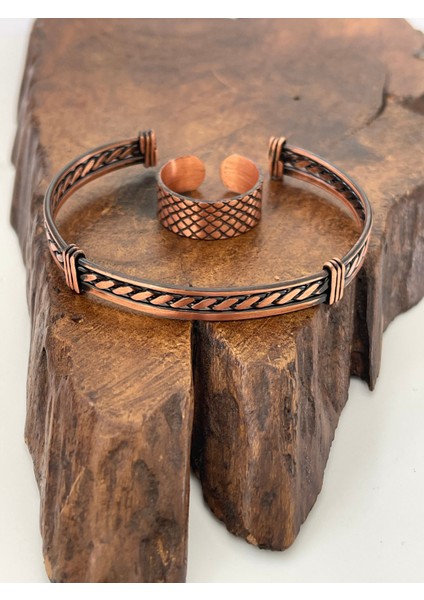 Ayarlanabilir %100 Saf Bakır Bileklik Bakır Yüzük Kombini El Yapımı Bileklik Yüzük