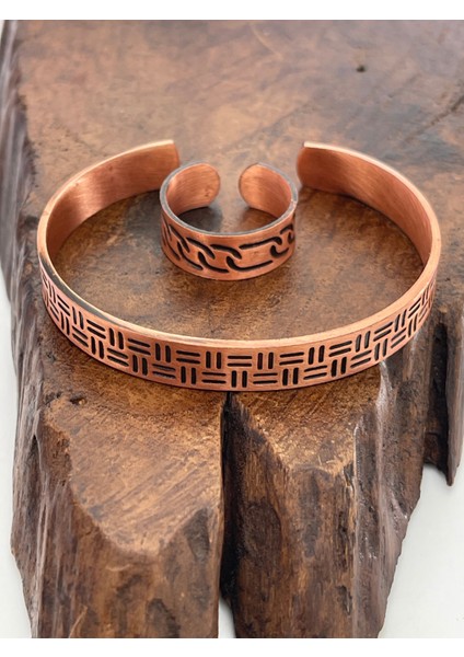 Ayarlanabilir %100 Saf Bakır Bileklik Bakır Yüzük Kombini El Yapımı Bileklik Yüzük