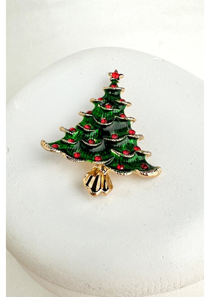 Yılbaşı Özel Serpme Taş Detay Çam Ağacı Broş (6cm)