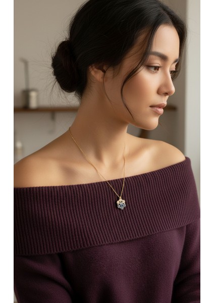 Altın Renk Rodyumlu Renkli Zirkon Taşlı Kar Tanesi Kolye Altın Renk Çelik Kolye-Renkli Taş Kolye