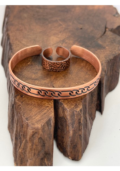 Ayarlanabilir %100 Saf Bakır Bileklik Bakır Yüzük Kombini El Yapımı Bileklik Yüzük