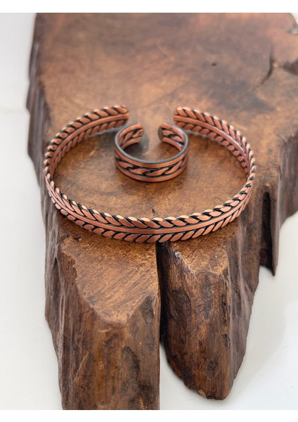 Ayarlanabilir %100 Saf Bakır Bileklik Bakır Yüzük Kombini El Yapımı Bileklik Yüzük