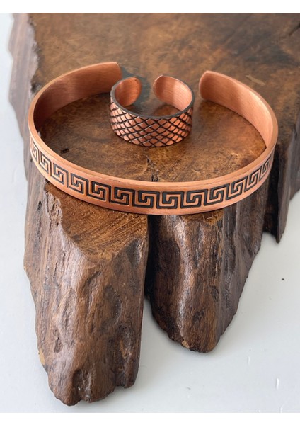 Ayarlanabilir %100 Saf Bakır Bileklik Bakır Yüzük Kombini El Yapımı Bileklik Yüzük