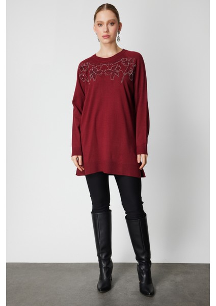 Kadın Önü Zincirli Desenli Uzun Triko Kazak 65387 Bordo modelleri