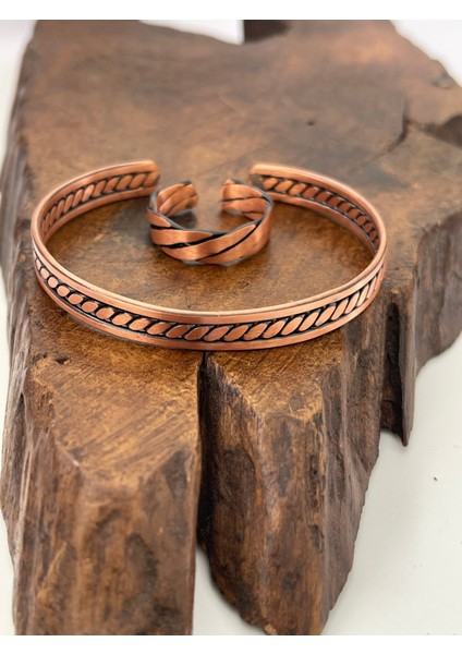 Ayarlanabilir %100 Saf Bakır Bileklik Bakır Yüzük Kombini El Yapımı Bileklik Yüzük