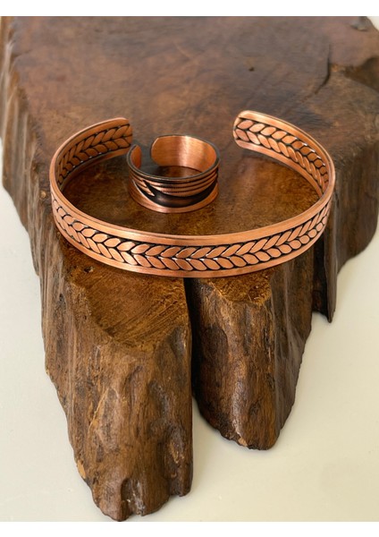 Ayarlanabilir %100 Saf Bakır Bileklik Bakır Yüzük Kombini El Yapımı Bileklik Yüzük