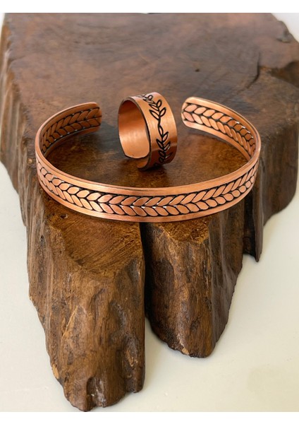 Ayarlanabilir %100 Saf Bakır Bileklik Bakır Yüzük Kombini El Yapımı Bileklik Yüzük