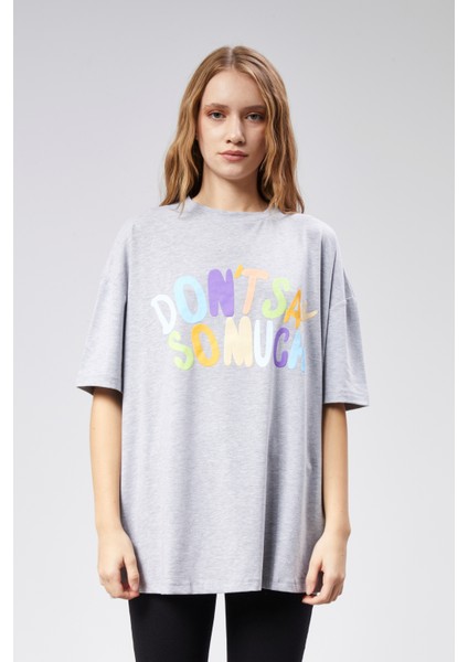 Kadın Bisiklet Yaka Baskılı Kısa Kollu Oversize Tişört