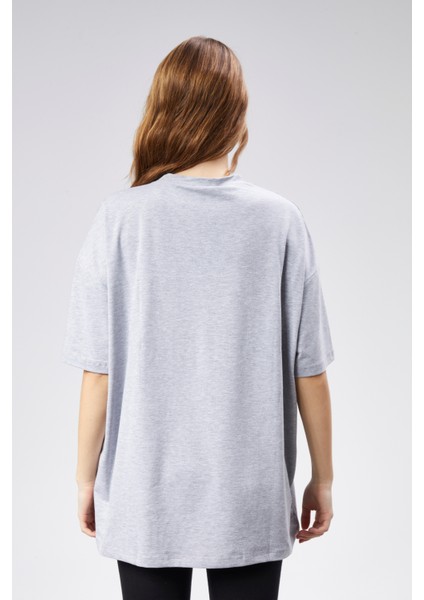 Kadın Bisiklet Yaka Baskılı Kısa Kollu Oversize Tişört