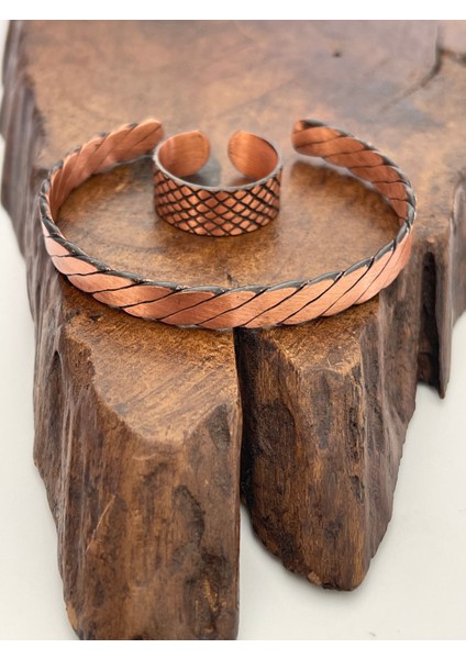 Ayarlanabilir %100 Saf Bakır Bileklik Bakır Yüzük Kombini El Yapımı Bileklik Yüzük