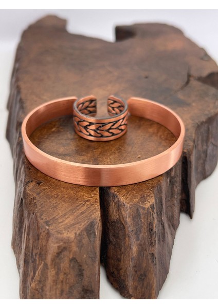 Ayarlanabilir %100 Saf Bakır Bileklik Bakır Yüzük Kombini El Yapımı Bileklik Yüzük