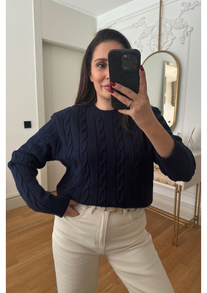 Saç Örgü Detaylı Tasarım Kazak- Lacivert