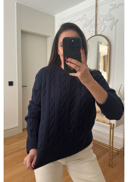 Saç Örgü Detaylı Tasarım Kazak- Lacivert fiyatları