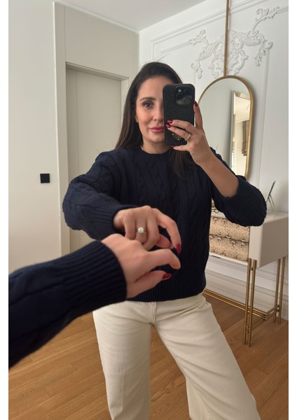 Saç Örgü Detaylı Tasarım Kazak- Lacivert modelleri