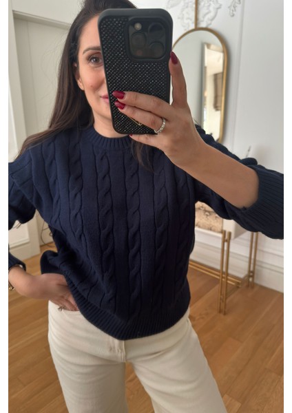 Saç Örgü Detaylı Tasarım Kazak- Lacivert indirimleri