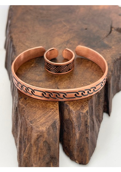 Ayarlanabilir %100 Saf Bakır Bileklik Bakır Yüzük Kombini El Yapımı Bileklik Yüzük