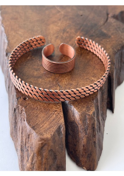 Ayarlanabilir %100 Saf Bakır Bileklik Bakır Yüzük Kombini El Yapımı Bileklik Yüzük