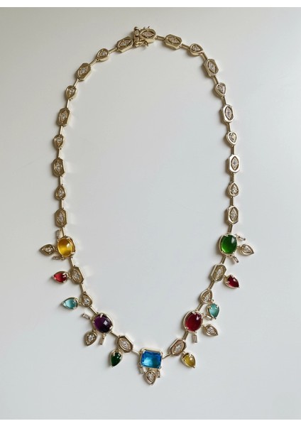 14 Ayar Altın Kaplama Renkli Taşlı Kolye – Mavi Kırmızı Yeşil Sarı Kristal Tasarım fiyatları