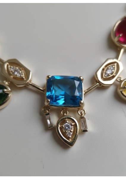 14 Ayar Altın Kaplama Renkli Taşlı Kolye – Mavi Kırmızı Yeşil Sarı Kristal Tasarım modelleri