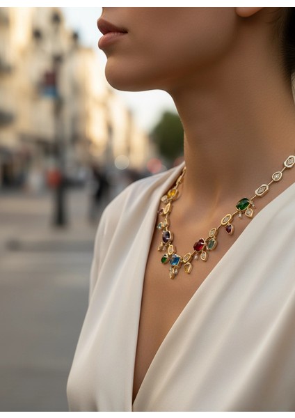 14 Ayar Altın Kaplama Renkli Taşlı Kolye – Mavi Kırmızı Yeşil Sarı Kristal Tasarım fırsatları