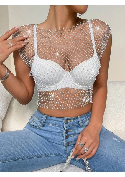 Kolsuz Crop Taş Işlemeli Transparan File Crop Üst – Parti & Kulüp Kombin Aksesuarı fiyatları