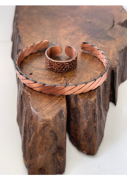 Ayarlanabilir %100 Saf Bakır Bileklik Bakır Yüzük Kombini El Yapımı Bileklik Yüzük