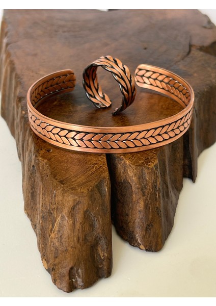 Ayarlanabilir ½100 Saf Bakır Bileklik Bakır Yüzük Kombini El Yapımı Bileklik Yüzük