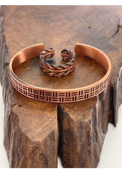 Ayarlanabilir %100 Saf Bakır Bileklik Bakır Yüzük Kombini El Yapımı Bileklik Yüzük