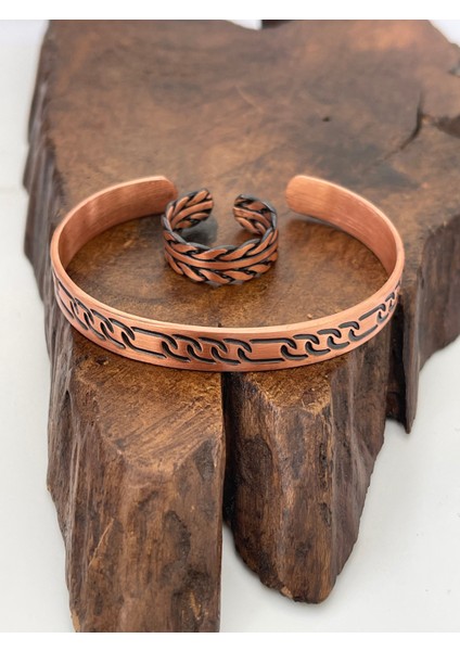 Ayarlanabilir %100 Saf Bakır Bileklik Bakır Yüzük Kombini El Yapımı Bileklik Yüzük